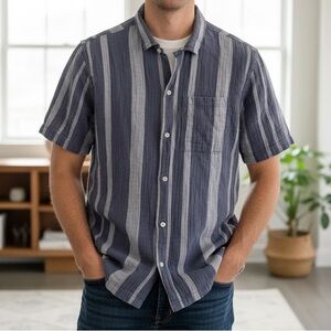 Madewell Sunfaded Indigo Emery Stripe Easy Short Sleeve Camp Shirt Large